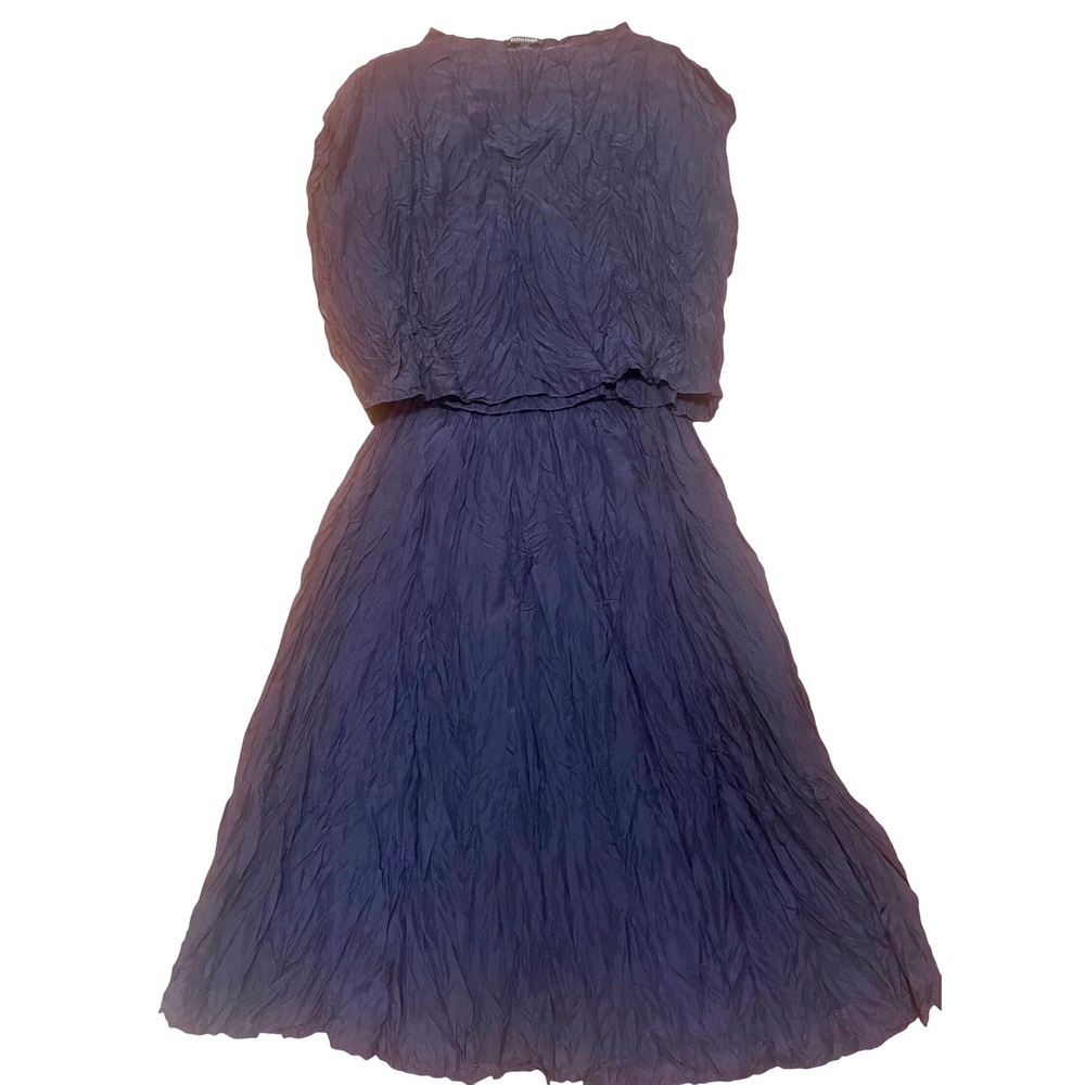Eileen Fisher Navy 100% Silk Crinkle Two Piece Set Top Skirt XS S